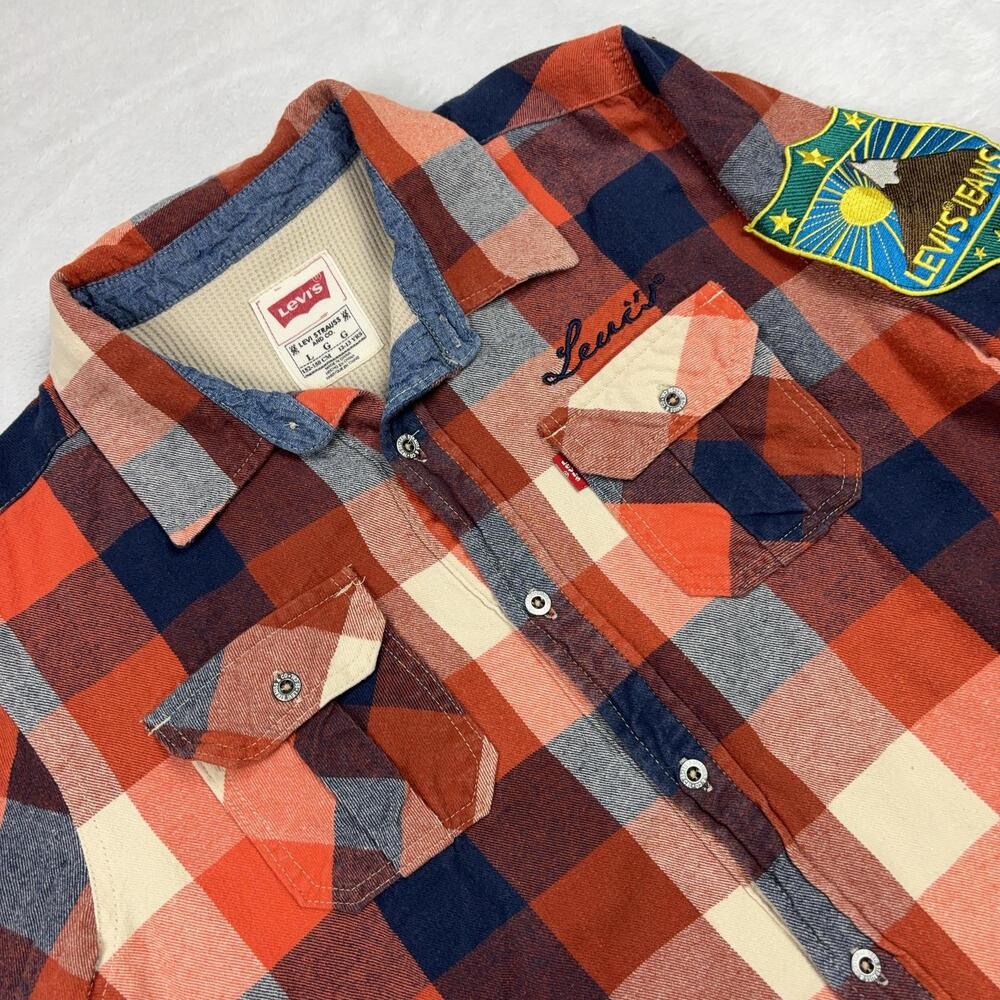 Levi's Button Up Shirt Boys L Orange Plaid Long Sleeve Flannel Patch Embroidered